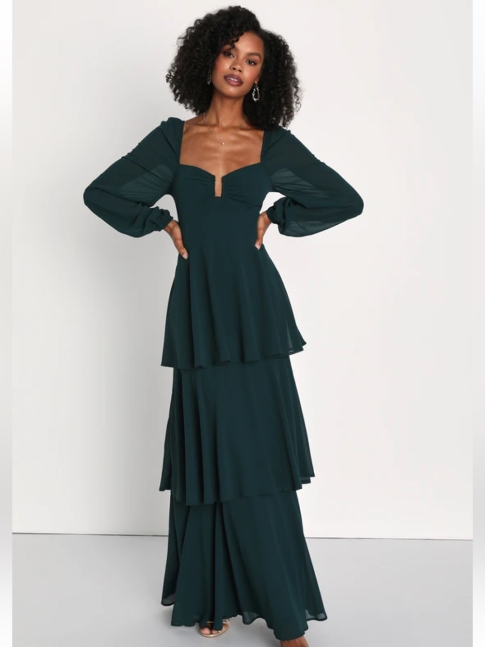NWOT Lulus Tier to Enchant Emerald Green Long Sleeve Tiered Maxi Dress